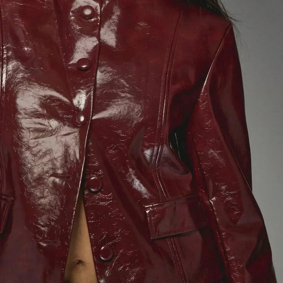 Burgundy Casual Women's Faux Leather Buttoned Round Neck Long Sleeves Jacket - Picture 3 of 6